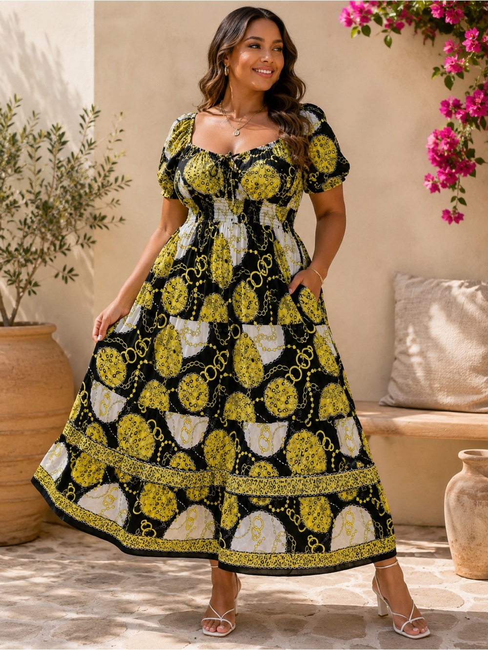 Sz XL Golden Medallion Print Smocked Puff Sleeve Maxi Dress
